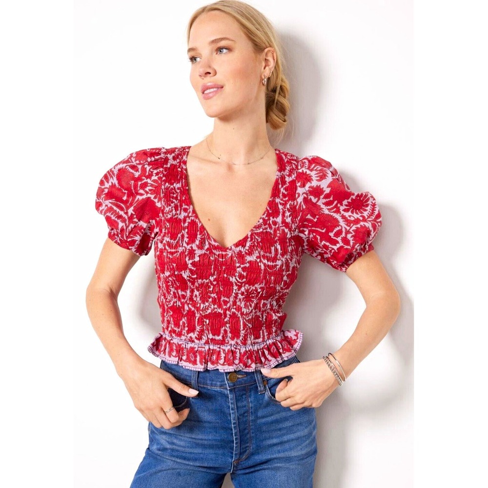 Cleobella Organic Red Block Print Flora Smocked Puff Sleeve Ruffle Hem Blouse S